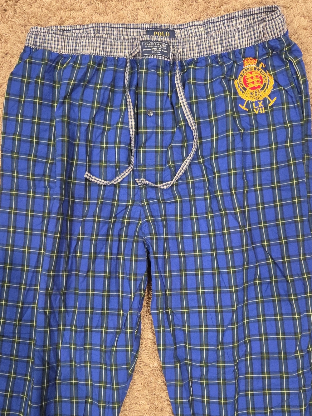 POLO Ralph Lauren Plaid Pajama Pants Blue Green Crest Logo XL